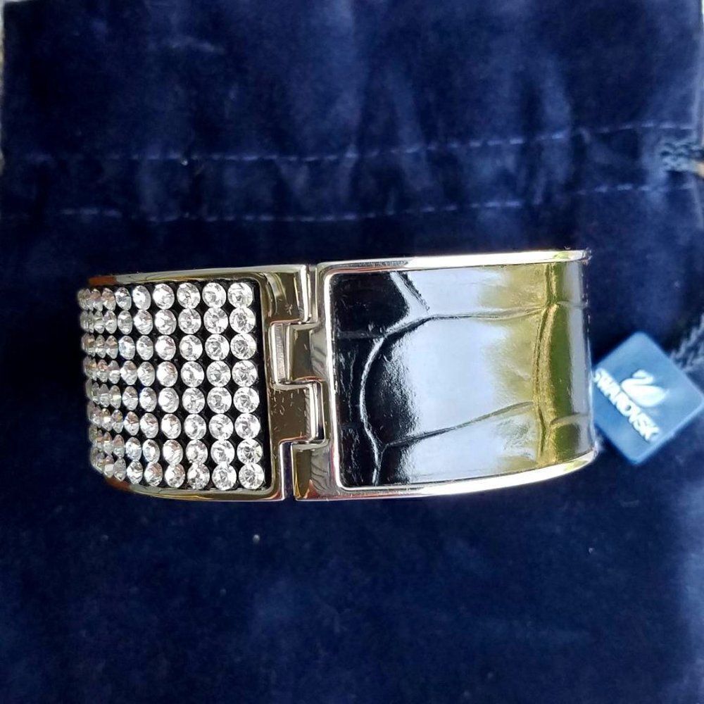 Gorgeous!  Bling! New Swarovski Black Leather Crystal Intervalle Bangle